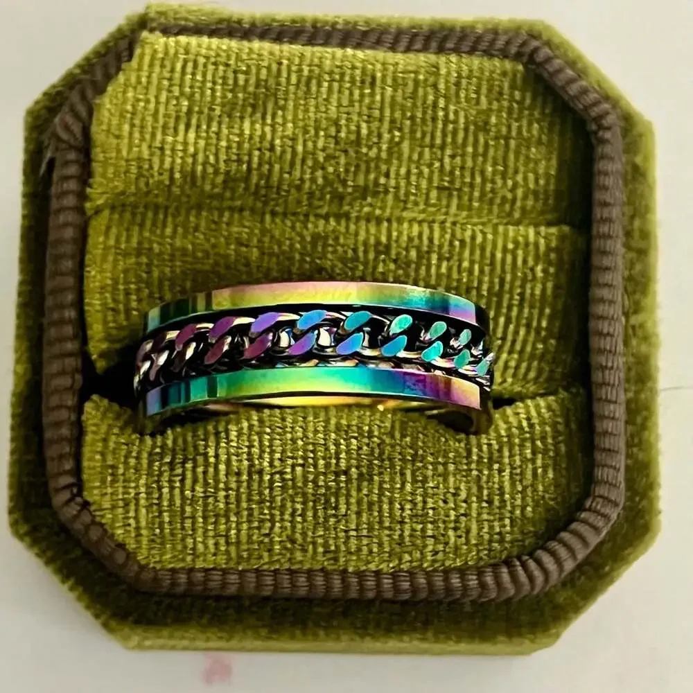 Stainless Steel Rainbow Spinner Ring with Center Chain 8mm Band Size 12
